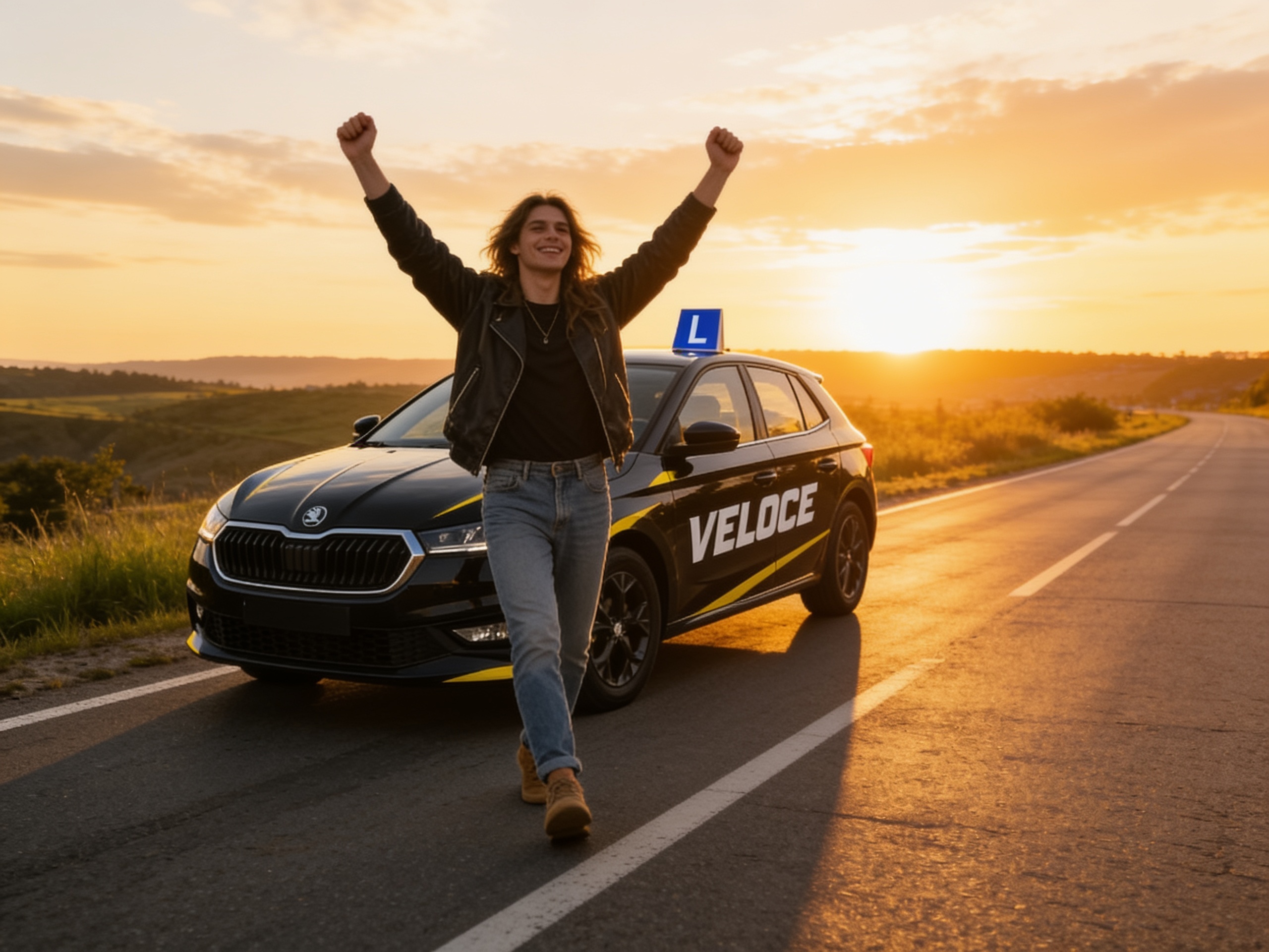 Joy of independence next to a car at sunset
