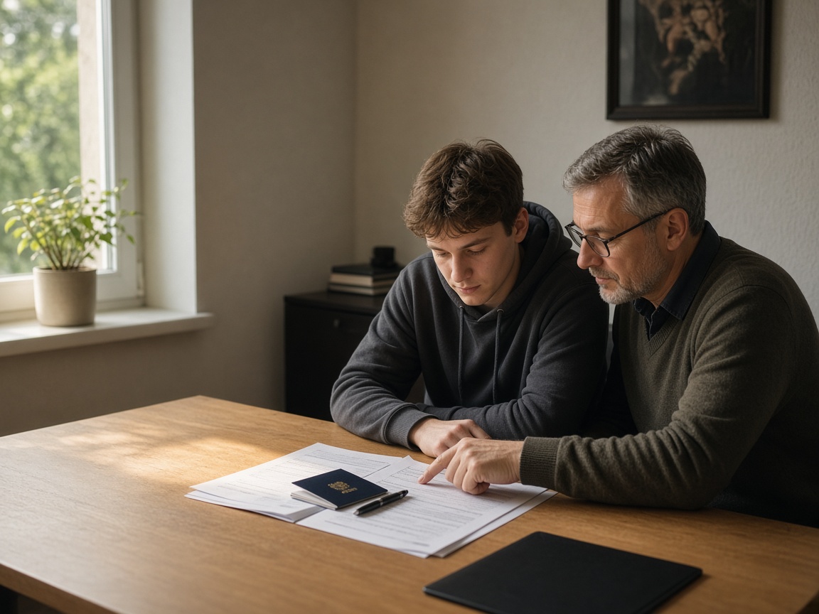 Instructor and student reviewing documents at a desk