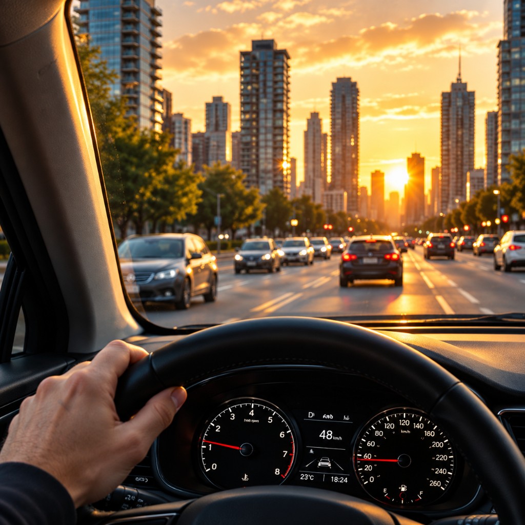 View from behind the wheel over the city at sunset